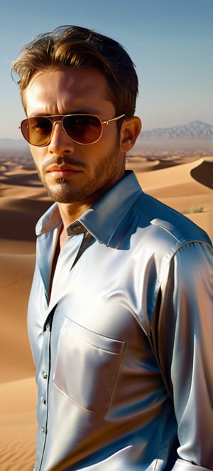 photo of a man in the desert the style of realistic hyper-detailed portraits, transparent sunglasses, detailed facial features, dry, heat exhaustion cityscape, metallic ethereal Ian, eye-catching detail, blink-and-you-miss-it-detail  focus on full body, dramatic lighting, Realistic Photo,Handsome Man