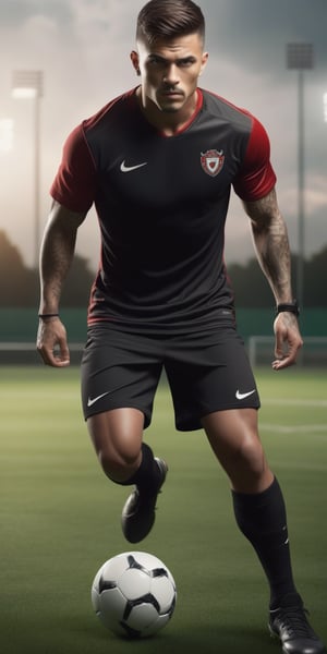 Create a detailed image of a Soccer player, sport field background. He wears Nike black and red t-shirt and a black short. His eyes convey fierce determination and a thirst for redemption. The lighting should be dramatic, with shadows accentuating his fierce expression and the details of his muscles and tattoos. standing action pose, sport field background, He is playing on a green field, perfect hands, (detailed face, detailed skin texture, area lighting, HD, 8k, best illumination, ((full_body)),Handsome Man,Realistic Photo