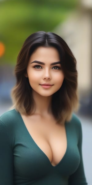 4K, best quality, masterpiece, a 20-year-old girl with deep cleavage, big round breast, showcasing beautiful and detailed eyes, a detailed face, double eyelids, and a thin face. She has a muscular fit body with semi-visible abs and short black hair with long locks. The photo is taken with a bokeh effect, set on stages, capturing a real person in a color splash style. The vibrant colors enhance the 1 girl's presence, creating a striking visual impact.