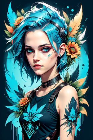 T-shirt design, cyberpunk art, BEAUTIFUL GIRL 
 FAIRY, kristen stewart face, , FANTASY DESIGN, FEATHER, VINTAGE COLOR,FLOWERS,CYBERPUNK ART DESIGN, for old-school style tattoos, BLUE HAIR