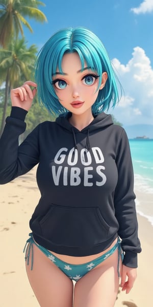 a vibrant vibrant blue-haired anime cartoon girl stands on a sandy beach, adorned with a hooded sweatshirt and a pair of blue-green bikini bottoms. The woman's hair is styled in a sleek bob, adding a pop of color to the scene. The hoodie is adorned with white text, "GOOD VIBES" while the bikini bottom is adorned in a star-shaped design. She is striking a pose, with her left hand raised in the air, while her right hand rests on her hip. The backdrop, a backdrop of palm trees and a clear blue sky, dotted with white clouds, adds a touch of contrast to the composition.
Face Detail,Enhanced Beauty,Smile,Realistic Model,Beautiful Face,Hot Body,Sexy Body,Cute Girl,Sexy Girl,Pirate,Sexy Anime Girl,Hot Anime,Hot body,Attractive Body,1girl_Anime