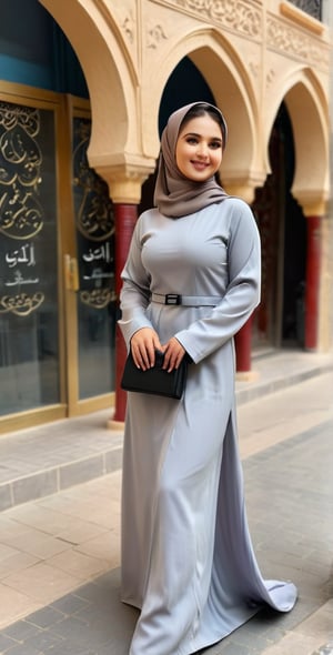 High quality, 8K quality, 1 girl 22 yo, wearing grey abaya gown,  head covering with grey Hijab, busty girl, 24yo, hourglass body shape, elegant look, beautiful face, beautiful light grey eyes, arabian girl, full_body, smile, standing at side walk of street, more detail XL,photo r3al,Cute Face