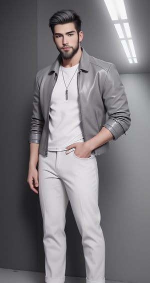 Full body image, Master piece, A 26yo man, Short White Hair, ice blue eyes, medium white beard. wearing White Shirt and light grey pant and light grey leather jacket ,Asian Model,Portrait,Test Model,handsome male,Beard2Alpha