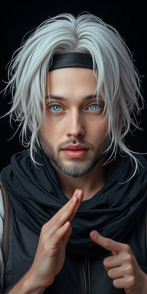 a digital painting of GOJO Saturo a white haired man with piercing ice blue eyes and a black headband. His head is adorned with a thick black scarf, adding a pop of color to the scene. His eyes are a piercing ice blue, while his eyebrows are a lighter shade of blue. His hands are raised in the air, adding texture to the composition. The backdrop is a dark black, creating a striking contrast to the man's face.