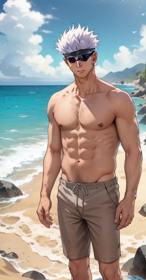 Satoru Gojo stands tall on the sandy shores of Dubai Beach, White hairs, his iconic white blindfold fluttering in the ocean breeze as he surveys the horizon, his presence radiating calm and confidence amidst the vibrant beach scene.,gojou satoru,Man,Male