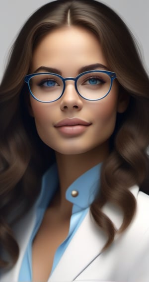 A masterpiece! Here's a prompt for a stunning 3D rendering:

Close-up sportrait of a solo brunette girl (Brunette long hair 3.2) wearing glasses, with a radiant smile and sparkling light blue eyes. She's framed by a simple white background, accentuated by a rim of subtle depth. Her short, separated lips are parted slightly, as if she's thinking. The upper part of her body is clad in a crisp white suit (White suit 1.2). A choker necklace with intricate details adds gothic charm to her overall look. As she looks away from the camera, her gaze appears distant and introspective. Her makeup application is paused, as if she's lost in thought. The light is realistic, casting gentle shadows on her features.,Hot Body,more detail XL