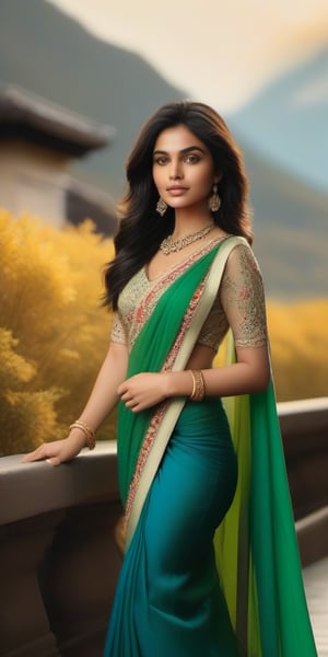 Prompt: A breathtaking, majestic 8K ultra-detailed masterpiece of a beautiful, young 24-year-old Instagram model from the USA, exuding irresistible charm in a hot yet elegant pose. The high-resolution photograph captures every exquisite detail, from the flowing fabric of her transparent emerald-green saree to the delicate embroidery on her matching blouse. Her flawless skin glows with warmth, accentuating her captivating features, and her eyes sparkle with playful confidence. The background features majestic mountains, a picturesque river, and a soft, golden sun. The realism is profound, with every thread of the intricate design showcased in uniform 8K resolution. Fashion accessories, including a delicate necklace and bangle-adorned wrists and ankles, complement the ensemble. The foliage and floral patterns in the foreground are rendered with precision, inviting touch. This photorealistic image celebrates beauty, elegance, and the art of capturing a moment with a mastery 1.37 times more realistic than typical high-quality images.