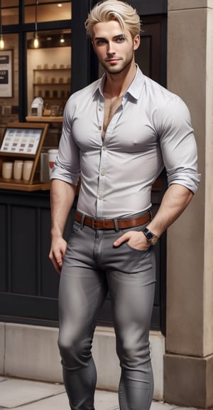 Mater Piece, High Quality image, 26 yo boy, Short Hair, blond white Hair. Ice blue eyes with grey shine iris, small beard. elegant look Man, White hanley shirt and black Jeans pant, standing in the street at front of coffee shop, Man,Asian Model