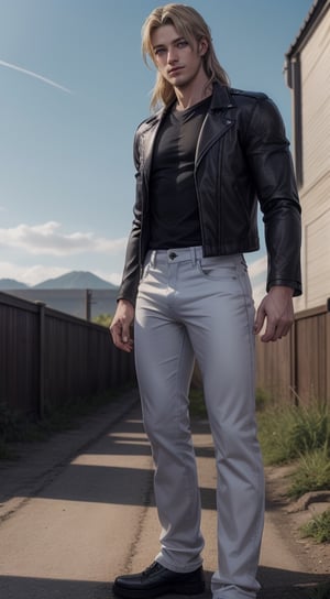 A man with Long Hair, hazel blond eyes, small beard, devilish smile, Wearing black leather jacket on white shirt, sky blue jeans pant, standing at road side, ,giant_this_guy,zeke jaeger