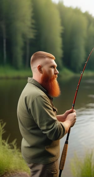 close-up of a male fisherman with one fishing rod of Slavic origin with a red beard, against the background of a river, forest in the background,