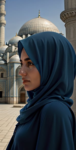 A serene Muslim woman, donning a modest hijab dress, stands humbly before the majestic Blue Mosque of Turkey. Soft,Her tranquil face, with subtle features and soft complexion, is bathed in a warm glow, as intricate domes and minarets tower above, exuding cultural and historical grandeur.