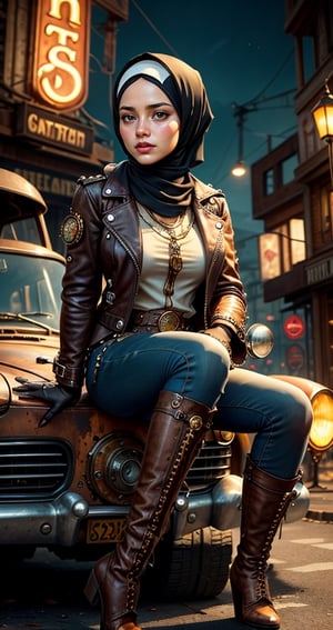 A hijab woman seated on a rusty metal steampunk car, on steampunk city road. She is clad in steampunk-style attire, including a leather jacket adorned with metal embellishments, steampunk gear accesories, gloves, loose leather pants, and boots, The background is landscape of a steampunk city, ultra focused, detailed face, cinematic lighting, dynamic pose, medium contrast, depth of field, natural glows ,hijabsteampunk