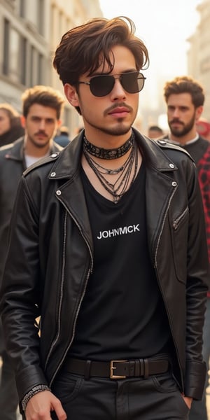 a cartoon features a young man in a black leather jacket, adorned with a black belt and a black t-shirt with text "JOHNWICK" He is adorned with several necklaces, a black choker, and a pair of black sunglasses. His left arm is draped over his left shoulder, adding a touch of warmth to his outfit. while his left arm rests on his right arm. The backdrop, a backdrop of two men can be seen, their faces blurred out, suggesting a sunny day.