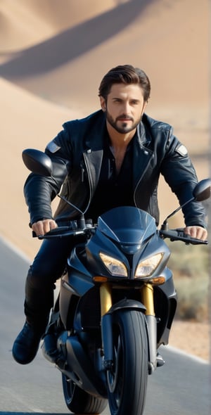 Imagine the following scene:

Photograph of a handsome man riding a motorcycle. Full body shot. Front shot.

Ride a motorcycle on a road in the middle of the desert. It is day. The motorcycle is a racing, futuristic and beautiful motorcycle.

The man is wearing a black leather jacket. Jean. Black knee-high boots.

The man is from Middle east. 30 years old, short hair. very light and bright eyes, big eyes, long eyelashes, blush. athletic body.

Driving a motorcycle, the hair moves due to speed, moving image. Smile 

(photorealistic), masterpiece: 1.5, beautiful lighting, best quality, beautiful lighting, realistic and natural image, intricate details, all in sharp focus, perfect focus, photography, masterpiece, meticulous nuances, supreme resolution, 32K, ultra-sharp, Superior quality, realistic and complex details, perfect proportions, perfect hands, perfect feet.,Handsome Man