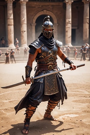 1man, arena of ancient Rome, where the Ninja Gladiator reigns supreme. Clad in stealthy attire and armed with Roman weaponry enhanced by ninja gadgets, this enigmatic warrior combines the agility of a ninja with the prowess of a gladiator. His swift movements and elusive techniques bewilder opponents, ,bl1ndm5k