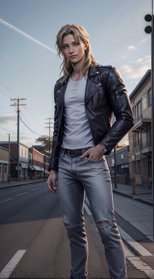 A man with Long Hair, hazel blond eyes, small beard, devilish smile, Wearing black leather jacket on white shirt, sky blue jeans pant, standing at road side, ,giant_this_guy,zeke jaeger