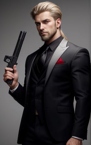 Full body image, Long Hair, hazel blond eyes, small beard.,Portrait, athletic, holding gun, Wearing Black Suit, Aggressive gangster look,