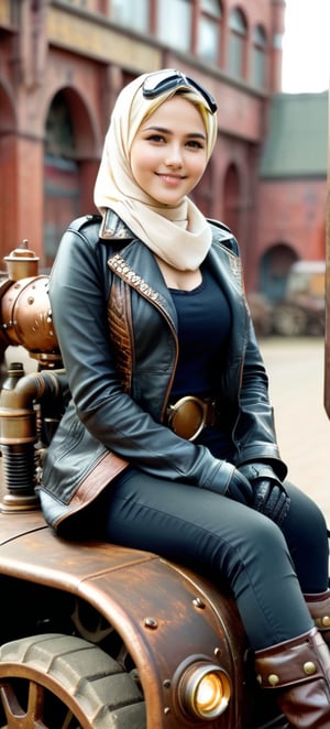 A hijab woman seated on a rusty metal steampunk car, on steampunk city road. She is clad in steampunk-style attire, including a leather jacket adorned with metal embellishments, steampunk gear accesories, gloves, loose leather pants, and boots, The background is landscape of a steampunk city, ultra focused, detailed face, cinematic lighting, dynamic pose, medium contrast, depth of field, natural glows ,hijabsteampunk,Blond Girl,More Detail
detailed_background,Cute Face,Cute Smile,Beautiful Girl,Young Girl,Realistic Model,Sexy Body,Hot Body,Beautiful Face,Sexy Girl