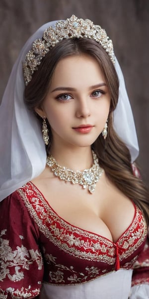 full image, Azur Lane,Beautiful Ukrainian girl,20 years old,A happy expression,Beautiful iris with high precision, light grey eyes,Ukrainian Chirpy,(Big breasts),(Deep cleavage),(long pure Brown hair),smooth hair,
Wearing traditional Ukrainian wedding costumes intricately embroidered with delicate and beautiful patterns, characterized by bright colors and fine needlework, women wear headscarves and headdresses decorated with jewels and beads, adding elegance to their ensembles, earrings, necklaces, bracelets, and other accessories. accessories, red bottoms, and fur boots,Extremely Realistic,Score_9,niji5,aesthetic,perfecteyes,Hot Body, b4b1