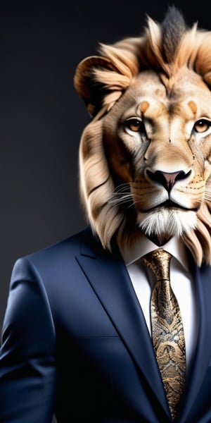 Ultra-realistic, hyper-detailed, and very sharp photographic close-up portrait of an elegant fashion model with a lion head, hybrid human posing gracefully for a fashion show. The model wears a luxurious, tailored suit with intricate patterns, paired with bold accessories including a statement necklace and cufflinks. The sophisticated indoor background features a modern, chic design that complements the outfit's elegance. Soft, refined lighting highlights the detailed textures of the suit and the majestic features of the lion's head. The focus is on the model's poised, regal demeanor and the harmonious blend of human and animal features.