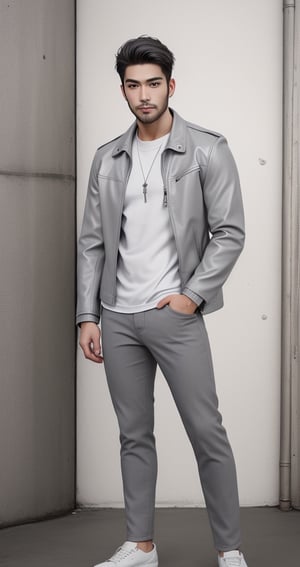 Full body image, Master piece, A 26yo man, Short White Hair, ice blue eyes, medium white beard. wearing White Shirt and light grey pant and light grey leather jacket ,Asian Model,Portrait,Test Model,handsome male,Beard2Alpha