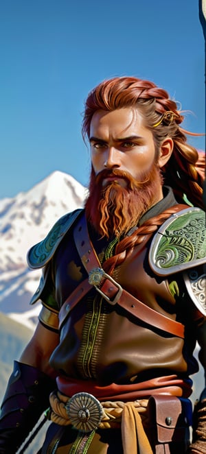 Full Body, Side Profile, oil painting, fantasy, a human man with Long braided Dark Red hair and long dark red beard tied with light green eyes, ((handsome detailed face and eyes)), Barrel chested Warrior wearing brown leather adventurer's clothing, Slight knowing smile, intricate hyper detailed hair, intricate hyper detailed eyelashes, intricate hyper detailed shining pupils #3238, UHD, hd , 8k eyes, detailed face, big anime dreamy eyes, 8k eyes, intricate details, insanely detailed, masterpiece, cinematic lighting, 8k, complementary colors, golden ratio, octane render, volumetric lighting, unreal 5, artwork, concept art, cover, top model, light on hair colorful glamourous hyperdetailed, ultra-fine details, intricate detailed mountain top background, hyper-focused, deep colors, dramatic lighting, Realistic Photo,Handsome Man