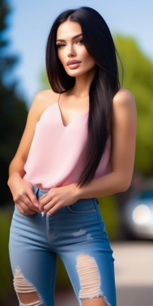 A stunning woman stands in a well-lit parking lot, her dark brown eyes sparkling beneath perfectly pink lips. Her long black hair falls softly over her shoulders, framing her flawless features. She wears a fitted black blouse, distressed blue jeans with white rips, and strappy black sandals that showcase her toned legs. A sleek ponytail adds a pop of color to her outfit, drawing attention to her radiant face. The surrounding trees, adorned with vibrant green leaves, create a natural backdrop, while the deep blue sky above adds a sense of depth and serenity.,Realistic Model,Beautiful Face,Hot Body,Sexy Body