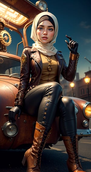 A hijab woman seated on a rusty metal steampunk car, on steampunk city road. She is clad in steampunk-style attire, including a leather jacket adorned with metal embellishments, steampunk gear accesories, gloves, loose leather pants, and boots, The background is landscape of a steampunk city, ultra focused, detailed face, cinematic lighting, dynamic pose, medium contrast, depth of field, natural glows ,hijabsteampunk,Blond Girl
