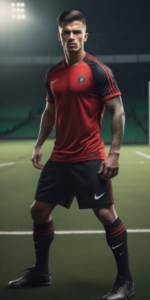 Create a detailed image of a Soccer player, sport field background. He wears Nike black and red t-shirt and a black short. His eyes convey fierce determination and a thirst for redemption. The lighting should be dramatic, with shadows accentuating his fierce expression and the details of his muscles and tattoos. standing action pose, sport field background, He is playing on a green field, perfect hands, (detailed face, detailed skin texture, area lighting, HD, 8k, best illumination, ((full_body)),Handsome Man,Realistic Photo