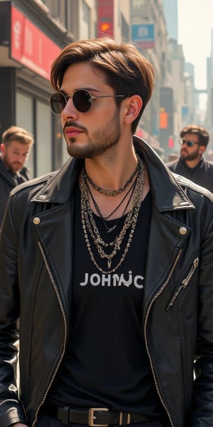 a cartoon features a young man in a black leather jacket, adorned with a black belt and a black t-shirt with text "JOHNWICK" He is adorned with several necklaces, a black choker, and a pair of black sunglasses. His left arm is draped over his left shoulder, adding a touch of warmth to his outfit. while his left arm rests on his right arm. The backdrop, a backdrop of two men can be seen, their faces blurred out, suggesting a sunny day.