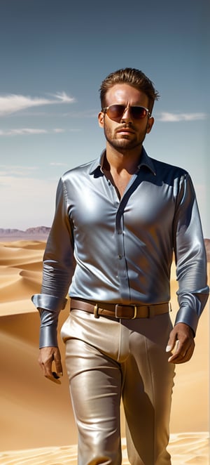 photo of a man in the desert the style of realistic hyper-detailed portraits, transparent sunglasses, detailed facial features, dry, heat exhaustion cityscape, metallic ethereal Ian, eye-catching detail, blink-and-you-miss-it-detail  focus on full body, dramatic lighting, Realistic Photo,Handsome Man