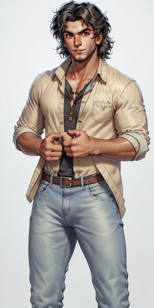 Male realistic character, full-body Latino with big eyes, brown skin, slim build, bushy eyebrows, wavy black hair, Greek nose, dressed in modern clothes: light blue jeans and white shirt, showcasing various poses.