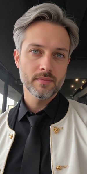 An animated portrait of a young man with light gray short beard and hair and blueish green eyes. He is wearing a black collared shirt with a black tie and a white jacket with gold trim. The jacket has two gold buttons on the front of it. Behind him is a black ceiling with lights on it.