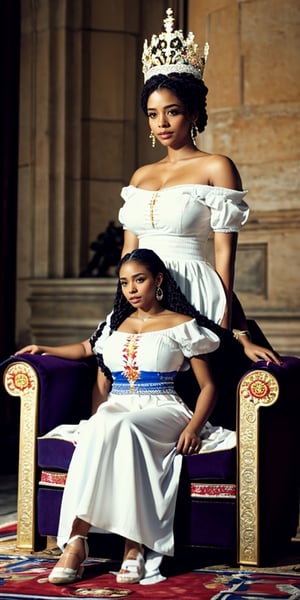 Fullbody shot view of the young queen of a new Cuban Catholic Kingdom, with beautiful braids. She is wearing a beautiful white queen royal top custome dress with red and blue flower motifs, and embroidered queen embroidered white pants. she is a beautiful light cinnamon skin color young woman, with a beautiful sweet face, curly straight hair, sweet expression, with a beautiful body, sitting on the royal throne in the palace,photorealistic