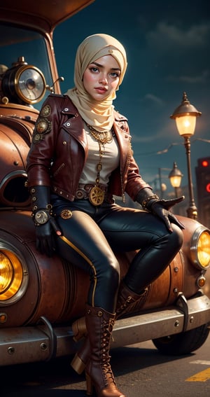 A hijab woman seated on a rusty metal steampunk car, on steampunk city road. She is clad in steampunk-style attire, including a leather jacket adorned with metal embellishments, steampunk gear accesories, gloves, loose leather pants, and boots, The background is landscape of a steampunk city, ultra focused, detailed face, cinematic lighting, dynamic pose, medium contrast, depth of field, natural glows ,hijabsteampunk,Blond Girl,More Detail