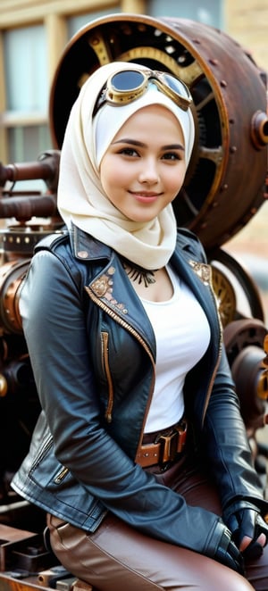 A hijab woman seated on a rusty metal steampunk car, on steampunk city road. She is clad in steampunk-style attire, including a leather jacket adorned with metal embellishments, steampunk gear accesories, gloves, loose leather pants, and boots, The background is landscape of a steampunk city, ultra focused, detailed face, cinematic lighting, dynamic pose, medium contrast, depth of field, natural glows ,hijabsteampunk,Blond Girl,More Detail
detailed_background,Cute Face,Cute Smile,Beautiful Girl,Young Girl,Realistic Model,Sexy Body,Hot Body,Beautiful Face,Sexy Girl