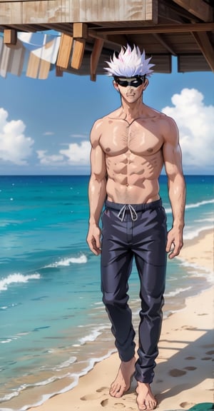 Satoru Gojo stands tall on the sandy shores of Beach, White hairs, his iconic white blindfold fluttering in the ocean breeze as he surveys the horizon, his presence radiating calm and confidence amidst the vibrant beach scene.,gojou satoru,Man,Male