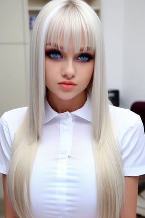 Unparalleled beauty, shiny shiny firm and shiny skin, bangs between eyes, shiny straight beautiful platinum blonde, super long straight silky hair, eyeliner, sexy beautiful innocent 14 years old, high definition big big beautiful bright blue eyes, beautiful and lovely girl, baby face, short sleeve shirt,Ukrainian Women