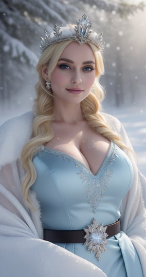 Elsa's Frozen Satin Blouse: A majestic winter wonderland scene. Elsa, the Snow Queen, stands amidst a frosty backdrop of icicles and snowflakes, her blonde hair glowing like a golden crown. She wears a stunning satin blouse in icy blue, cinched at the waist with a delicate silver belt. The fabric shimmers like freshly fallen snow as she poses regally, one hand grasping a shimmering ice crystal, the other holding a flowing white cape. Her eyes sparkle with magical intent, surrounded by a soft halo of frosty mist.