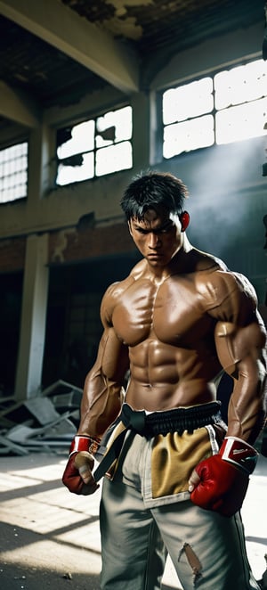 Powerful street fighter in a ruined gym, gritty urban setting, muscular physique, intense and focused gaze, ripped clothing, dramatic lighting, high quality, gritty, urban, muscular, intense gaze, dramatic lighting, ruined environment,Realistic Photo,Handsome Man