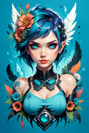 T-shirt design, cyberpunk art, BEAUTIFUL GIRL 
 FAIRY, Tessa Fowler face, , FANTASY DESIGN, FEATHER, VINTAGE COLOR,FLOWERS,CYBERPUNK ART DESIGN, for old-school style tattoos, Blue HAIR