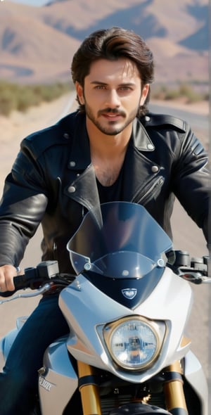 Imagine the following scene:

Photograph of a handsome man riding a motorcycle. Full body shot. Front shot.

Ride a motorcycle on a road in the middle of the desert. It is day. The motorcycle is a racing, futuristic and beautiful motorcycle.

The man is wearing a black leather jacket. Jean. Black knee-high boots.

The man is from Middle east. 30 years old, short hair. very light and bright eyes, big eyes, long eyelashes, blush. athletic body.

Driving a motorcycle, the hair moves due to speed, moving image. Smile 

(photorealistic), masterpiece: 1.5, beautiful lighting, best quality, beautiful lighting, realistic and natural image, intricate details, all in sharp focus, perfect focus, photography, masterpiece, meticulous nuances, supreme resolution, 32K, ultra-sharp, Superior quality, realistic and complex details, perfect proportions, perfect hands, perfect feet.,Handsome Man