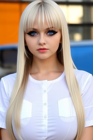 Unparalleled beauty, shiny shiny firm and shiny skin, bangs between eyes, shiny straight beautiful platinum blonde, super long straight silky hair, eyeliner, sexy beautiful innocent 14 years old, high definition big big beautiful bright blue eyes, beautiful and lovely girl, baby face, short sleeve shirt,Ukrainian Women