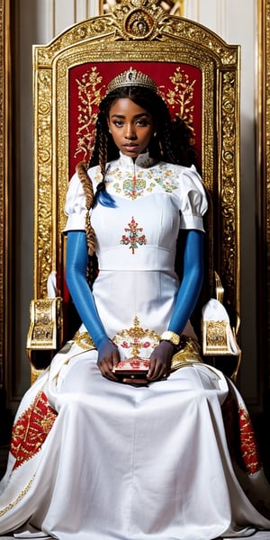 Fullbody shot view of the young queen of a new Cuban Catholic Kingdom, with beautiful braids. She is wearing a beautiful white queen royal top custome dress with red and blue flower motifs, and embroidered queen embroidered white pants. she is a beautiful light cinnamon skin color young woman, with a beautiful sweet face, curly straight hair, sweet expression, with a beautiful body, sitting on the royal throne in the palace,photorealistic