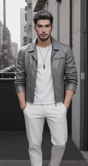 Full body image, Master piece, A 26yo man, Short White Hair, ice blue eyes, medium long white beard. wearing White Shirt and light grey pant and light grey leather jacket ,Asian Model,Portrait,Test Model,handsome male,Beard2Alpha