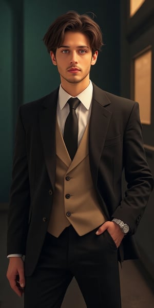 An animated portrait of a young man in a black suit with a white collared shirt and a black tie. The man has dark brown hair and piercing light brown eyes. He is standing with his hands in his pockets. His left hand is resting on his hip. His right wrist has a silver watch on it. His suit coat is black with a light brown vest over it. The backdrop is a dark green wall with windows.