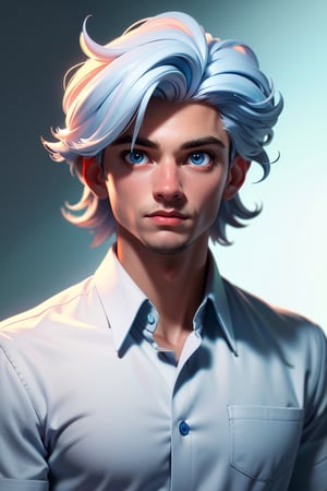 (best quality, 4k, 8k, highres, masterpiece:1.5),full body image, ultra-detailed, solo,looking at viewer,short hair,shirt,1boy,ice blue eyes, white shirt,upper body,white hair,male focus,collared shirt,portrait,Portrait