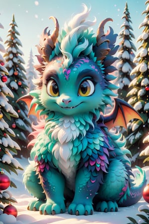 (fluffy cute dragon:1.2) (fluffy colored creatures:1.5). Fiction, unreality, science fiction, fantasy. Vertical almond-shaped eyes, perfectly symmetrical.  Choose the background, winter, snow, Christmas, Christmas trees that will complement your character, creating a cinematic masterpiece with high realism and first-class image quality. 
,colorful