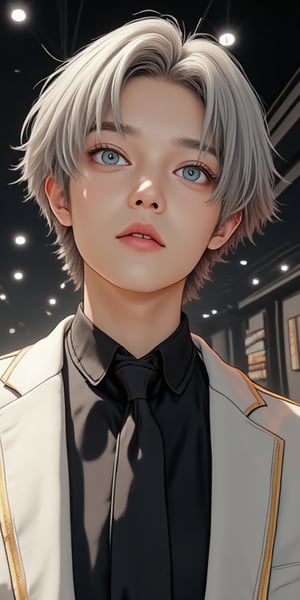 An animated portrait of a young man with light gray hair and blueish green eyes. He is wearing a black collared shirt with a black tie and a white jacket with gold trim. The jacket has two gold buttons on the front of it. Behind him is a black ceiling with lights on it.