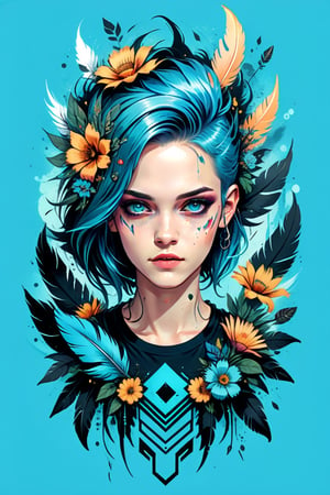 T-shirt design, cyberpunk art, BEAUTIFUL GIRL 
 FAIRY, kristen stewart face, , FANTASY DESIGN, FEATHER, VINTAGE COLOR,FLOWERS,CYBERPUNK ART DESIGN, for old-school style tattoos, BLUE HAIR